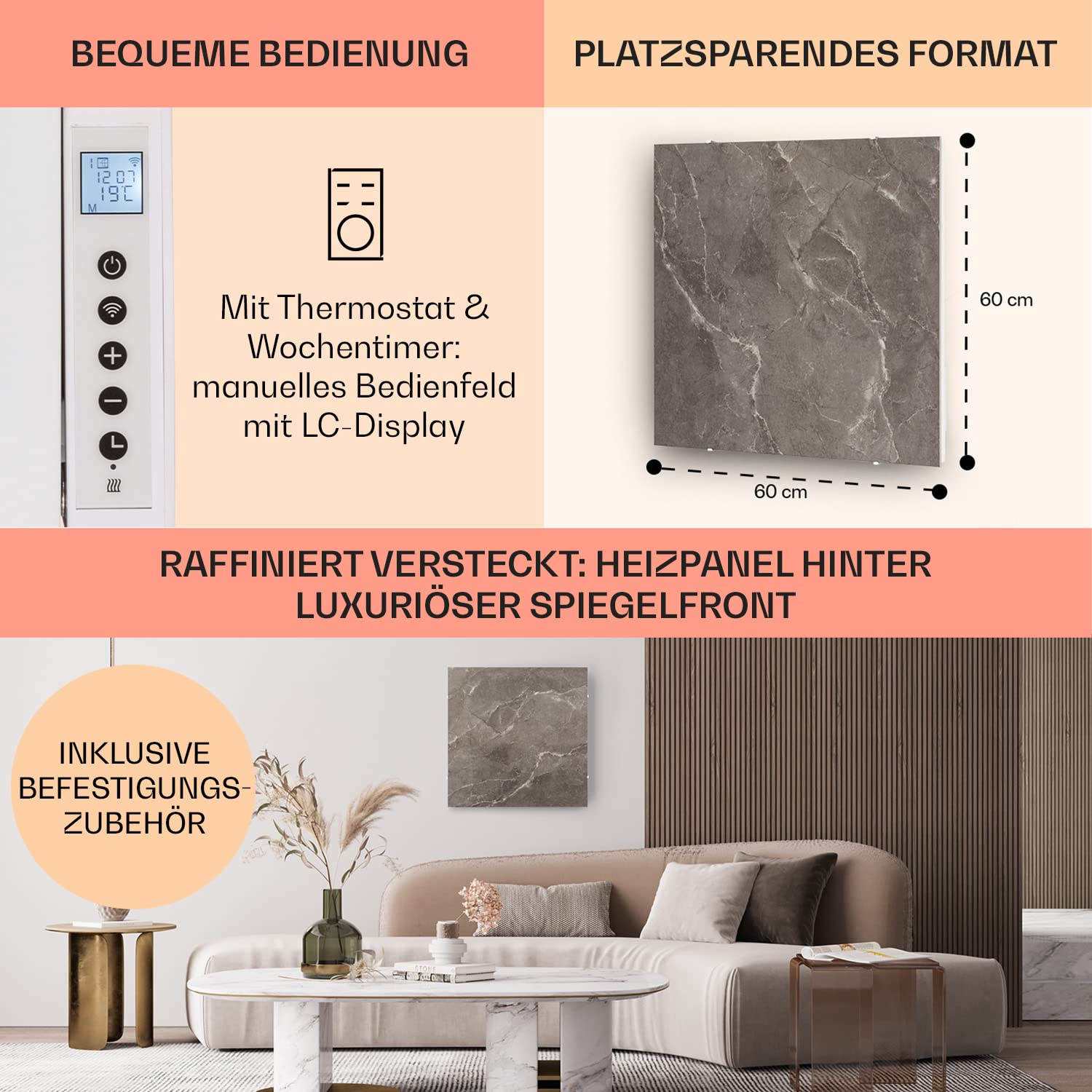 Klarstein 2-in-1 Infrarotheizung & Konvektor, Infrarotheizung mit Thermostat 500W, IP24-Infrarotheizung zur Wandmontage mit App-Steuerung, Erkennung offener Fenster, Hybridheizung Elektrisch