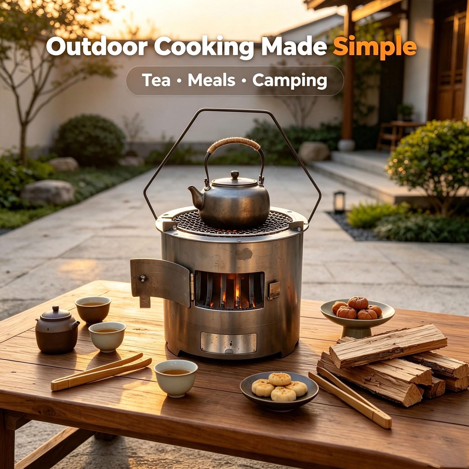 Chauffage De Tente Camping Portable Avec Grille De Cuisson Pour Le Camping | Réchaud De Tente Bois Avec Poignée Multifonctionnel, Réchaud À Fusée À Charbon De Bois Porte À Verrouillage(1PC)