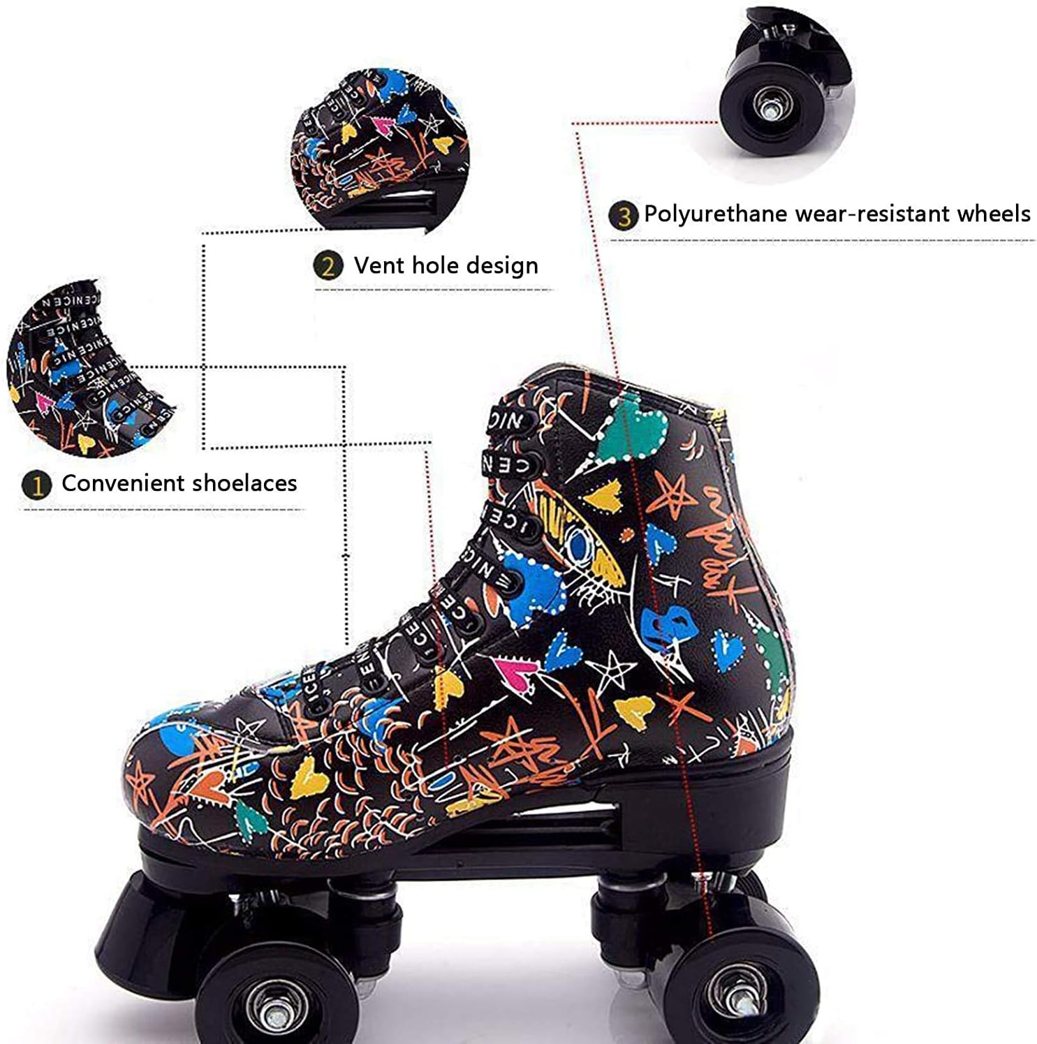 Quad Roller Skates, Classic Roller Skates Womens, Double Row PU Leather Material Rollerskates for Beginners Teens Kids Adult,Black Wheel-UK 9/EU 44