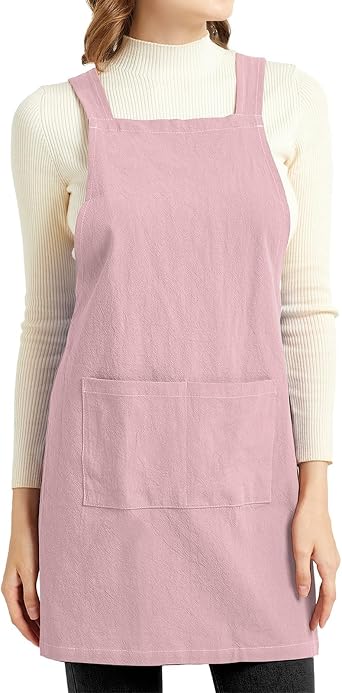 ELEZAY Aprons for Women with Pockets Plus Size Comfort Cross Back No Tie Cotton Linen Apron Pinafore