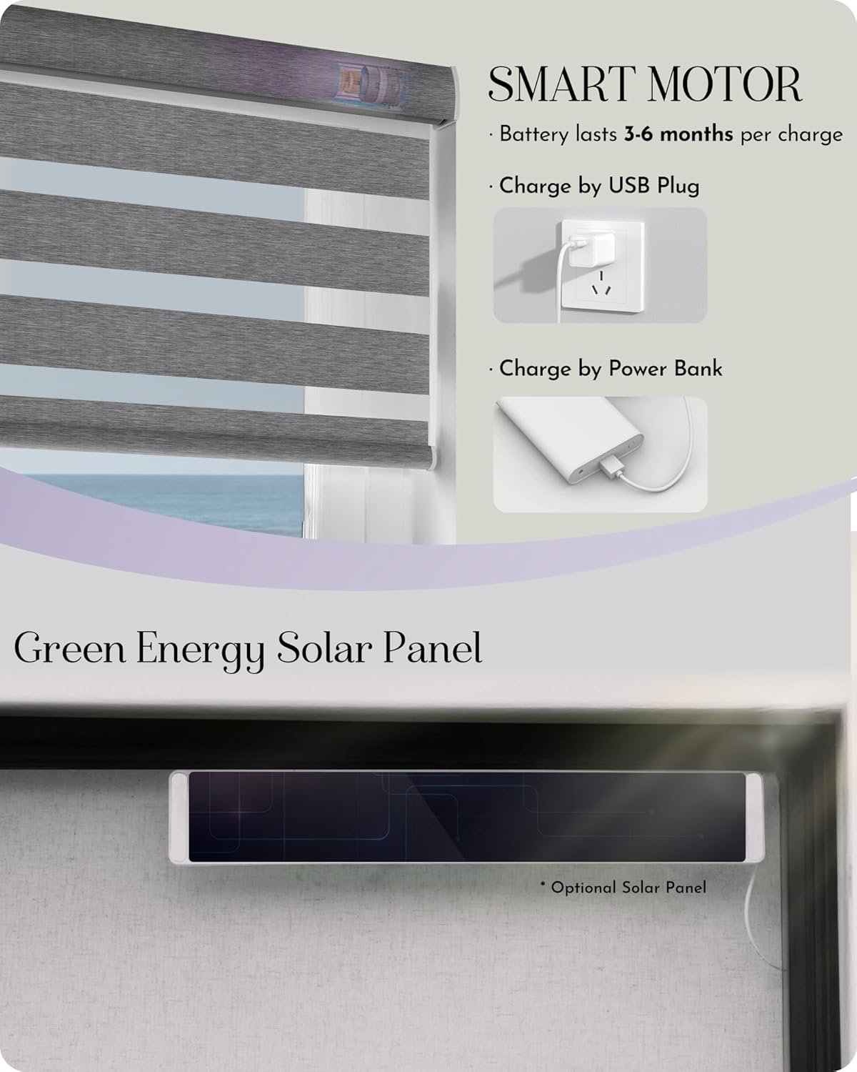 Graywind Motorized Zebra Blinds for Windows, Blackout Smart Blinds with Remote Control, Dual Layer Custom Zebra Shades Work with Alexa, Google Home, Apple Homekit (Classic Grey)