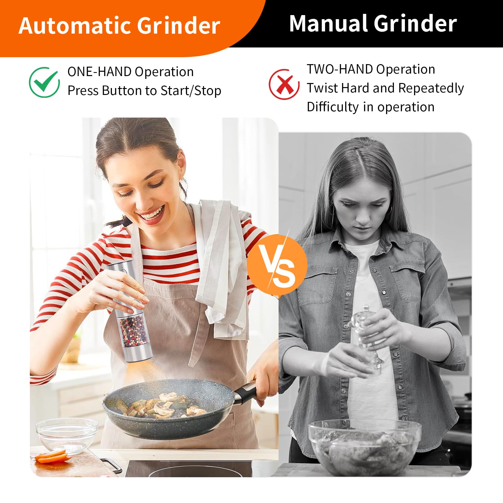 Juego de molinillo eléctrico de sal y pimienta de acero inoxidable, molinillo de pimienta automático de gran capacidad con base de carga recargable mejorada y luz LED, grosor ajustable, fácil de 3