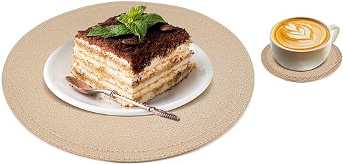 Miniatura 29 de Jovono - Juego de manteles individuales y portavasos redondos: 4 manteles y 4 portavasos de piel sintética de doble costura; diámetro de mantel de D