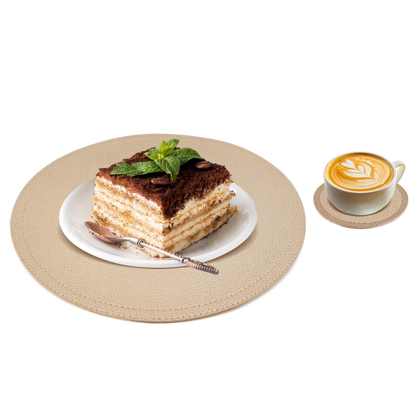 Set of 8 Faux Leather Gold Round Placemats and Coasters, Coffee Mats Kitchen Table Mats, Waterproof, Easy to Clean for Kitchen Dining Round Table