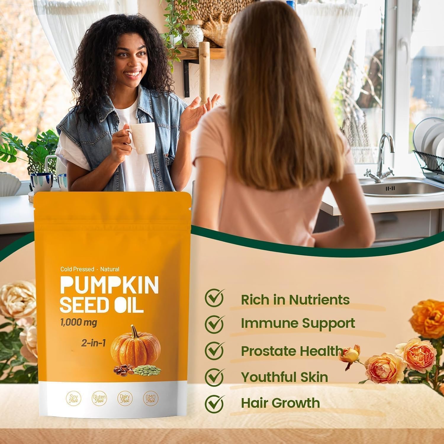 Capsules d’huile de graines de citrouille| Pressé à froid | Huile de graines de citrouille pour cheveux, prostate et vessie | avec acides gras essentiels, sans OGM