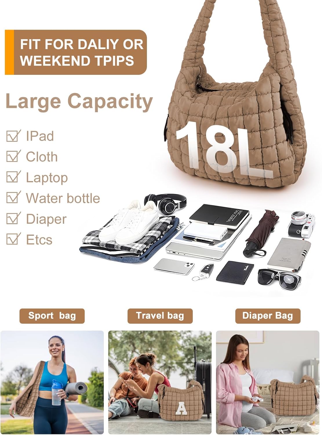 Puffer Tote Bag for Women initial Tote Bag Quilted Large Carryall Bag Puffy Cross-body Bag Hobo Handbags - Image 3