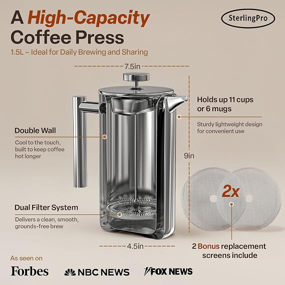 SterlingPro Large Insulated Stainless Steel French Press Coffee Maker 1.5L – Insulated Metal Big Double Wall Coffee Maker | Plastic Free | Cool-Touch | Mirror Finish | Makes up to 11 Cups / 6 Mugs