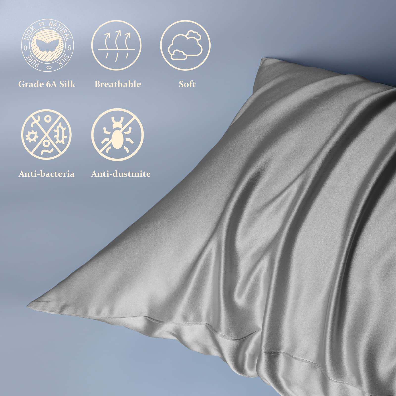 LULUSILK Silk Zippered Pillowcase for Hair and Skin, 600 Thread Count 19 Momme Silk Pillow Case, Silvergrey, Standard Size, Pack of 1