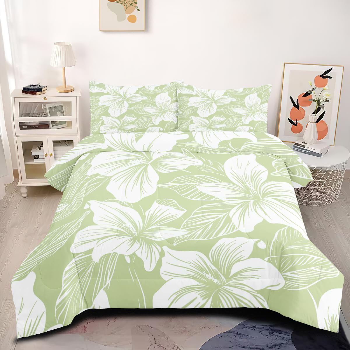 CCoutueChen Olive Green Floral Comforter Set Queen Size
