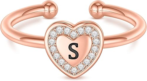 Valentines Day Gift Initial Rings for Teen Girls - Rose Gold Plated Ring for Tee