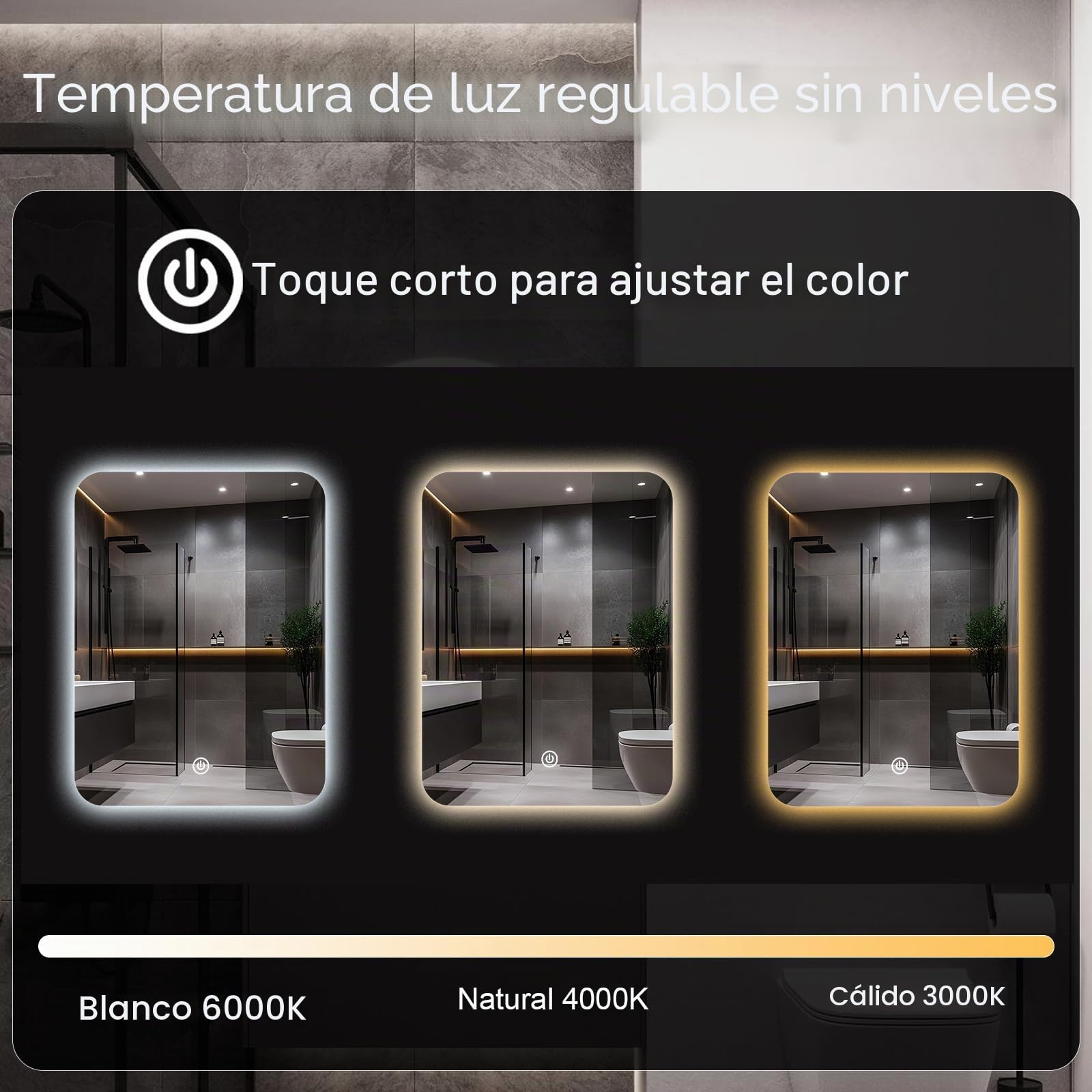 Espejo de Pared para baño, Espejo de baño con iluminación, Espejo con luz LED, Interruptor táctil y 3 Colores Regulables (60 L x 45 B)