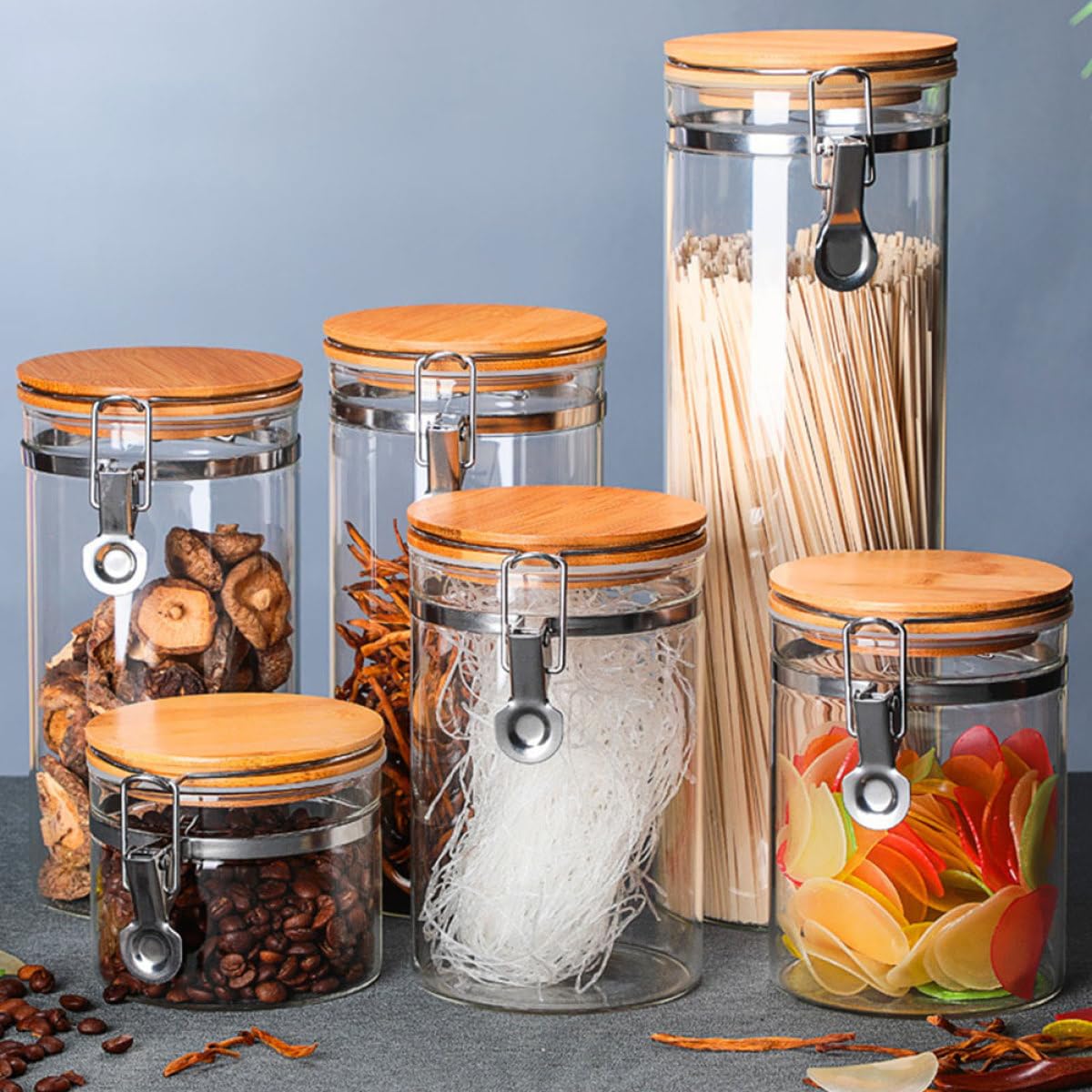 DOITOOL 2 Frascos Herméticos de Cocina 1280Ml y 1140Ml Recipientes para Alimentos Tapa de Vidrio y Acero Inoxidable Botes Grandes para Almacenar Harina Arroz y Frutos Secos Uso