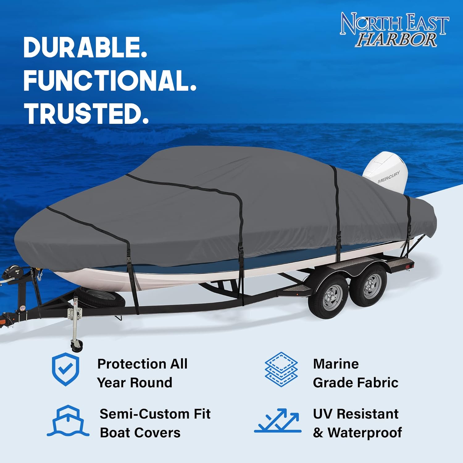 NEH Boat Cover, Thick Heavy Duty Fabric, Fade-Proof, Waterproof, 20'-22', Trailerable, Fits Tri-Hull Fishing Ski Pro-Style Bass Runabout (Gray) : Sports & Outdoors