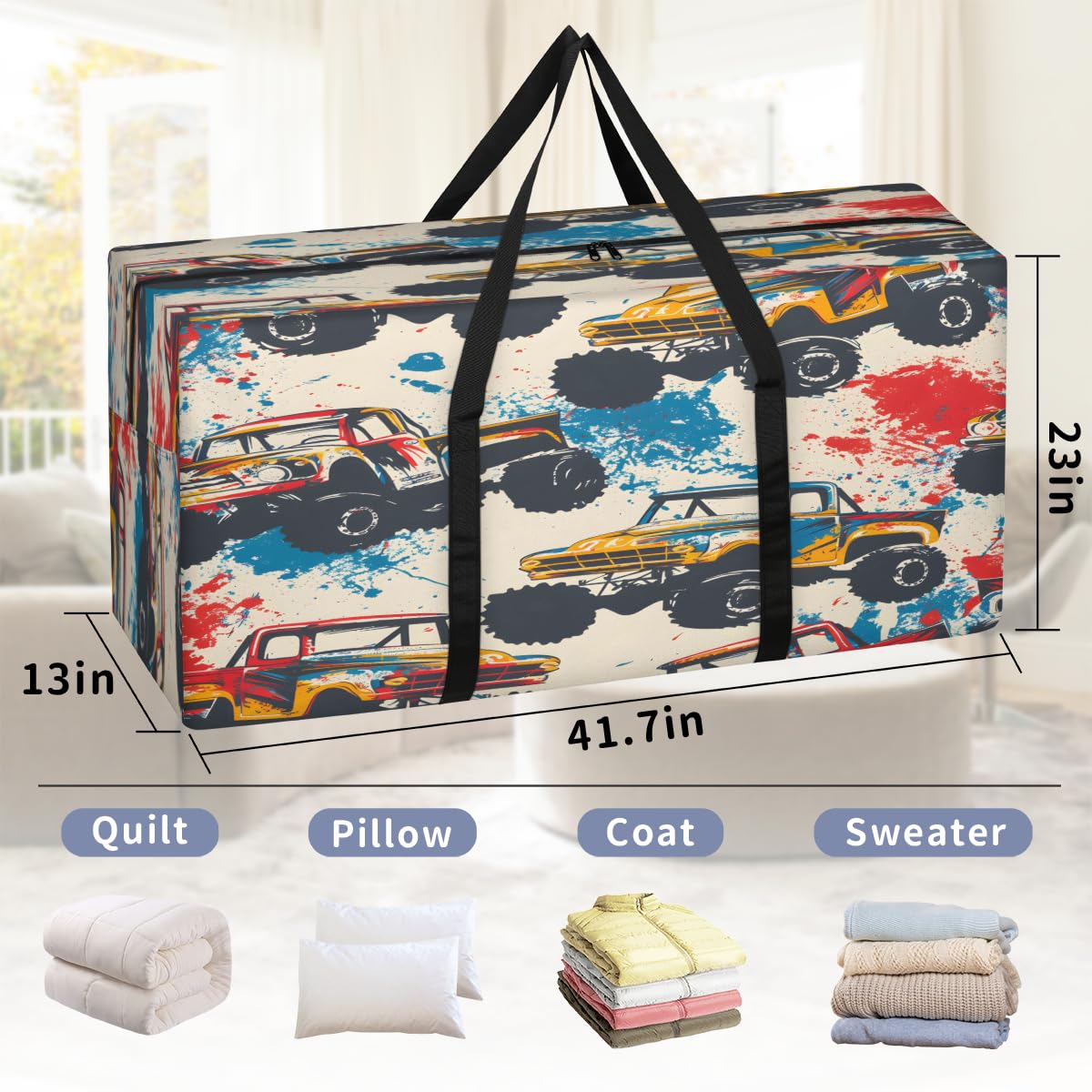 Adornori Monster Trucks Cars Extra Large Moving Bags with Zippers & Carrying Handles, XXL Heavy-Duty Storage Tote Moving Boxes for Space Saving