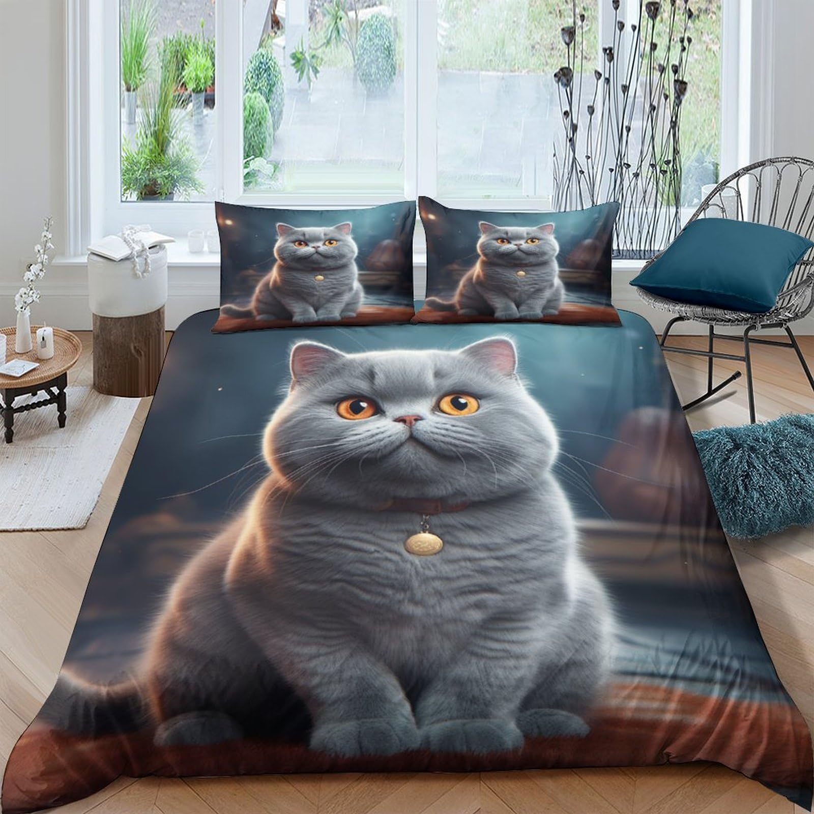 Housse couette chat 3D microfibre 200x200 parure de lit douce pour peau sensible