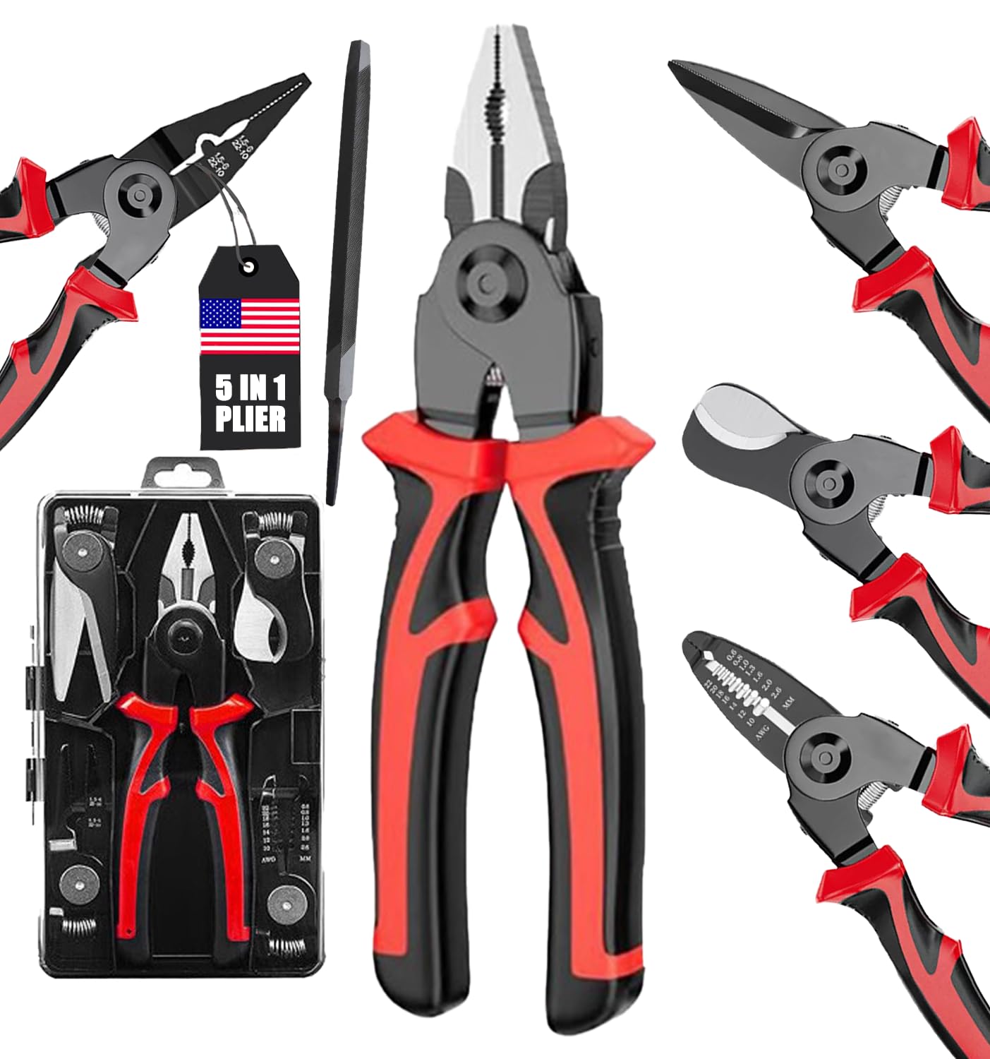 5 In 1 Tools Multifunctional Interchangeable Plier Set Wire Stripper Crimping Tool Cable Cutter Electrician Scissors, and Linesman Pliers All In One Kit with Storage Case