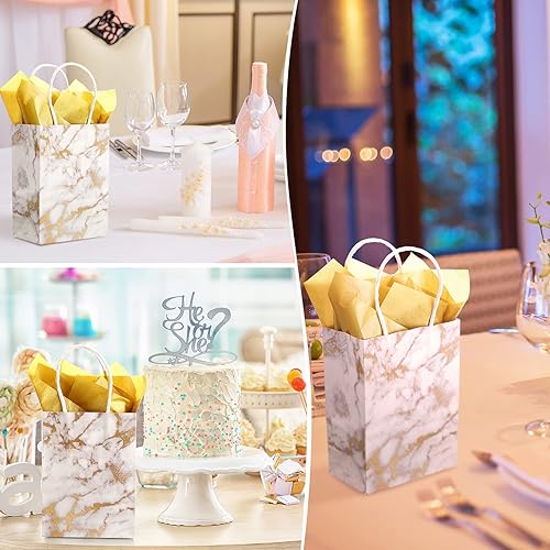 Miniatura 3 de Paquete de 50 bolsas de papel blanco mármol a granel, bolsas de regalo A4 de doble cara con purpurina dorada de papel de seda pequeñas bolsas de