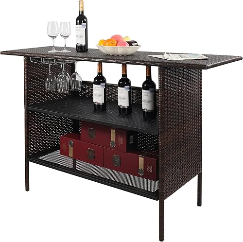 ALUPOM Mesa de bar de ratán para patio al aire libre, mesa de bar de mimbre de polietileno impermeable con rieles para patio trasero de piscina,