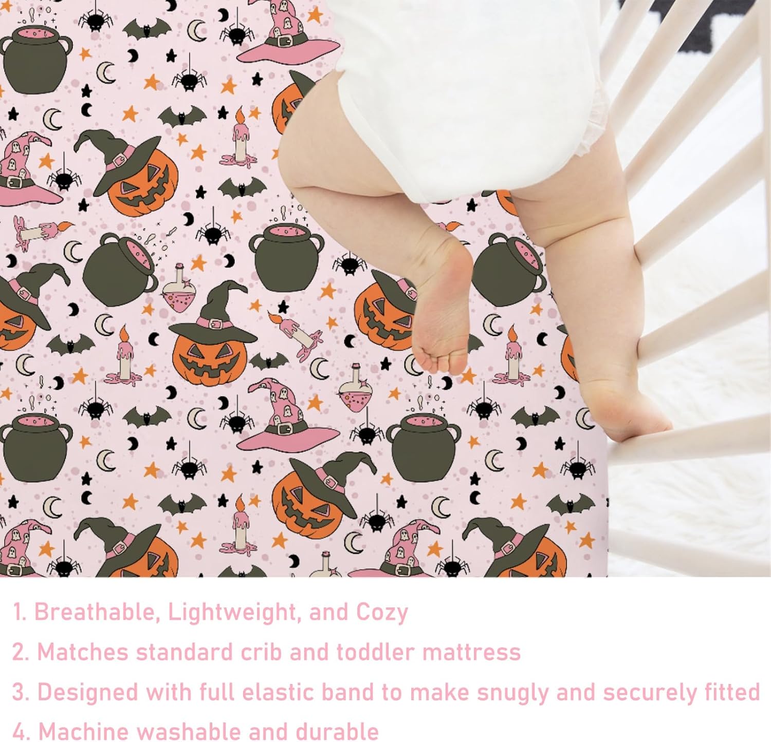 Pink Spooky Pumpkin Witch Baby Crib Sheets 52''x28'' Halloween Witch Hats Bats Moon Stars Stretchy Fitted Crib Mattress Cover for Girl Soft Baby Bed Sheet for Standard Crib and Toddler Mattress