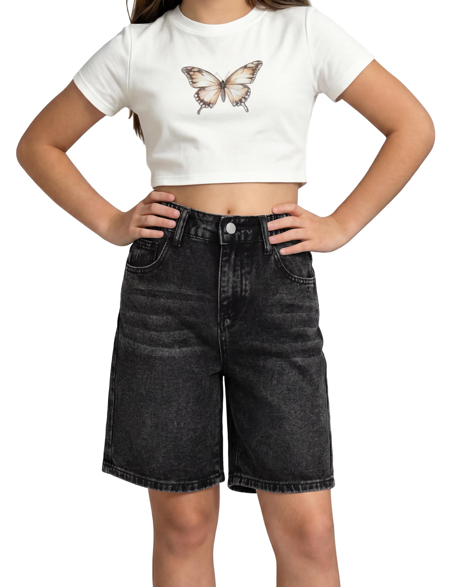 SEAUR Fille Short en Jean Long Ample Coton Taille Élastique d'Été Jeans Fille Bermuda Cargo Baggy Décontracté 8-12 Ans