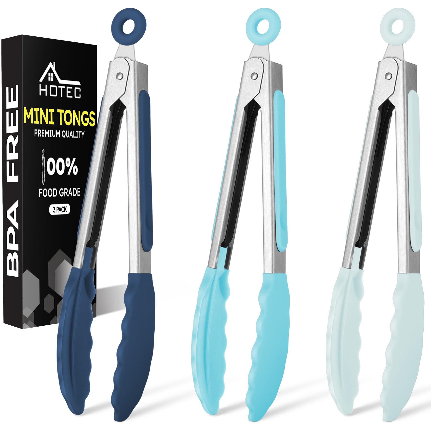 Hotec Mini Silicone Kitchen Tongs for Cooking - 7-Inch Small Serving Tongs with Silicone Tips, Set of 3 (Blue)