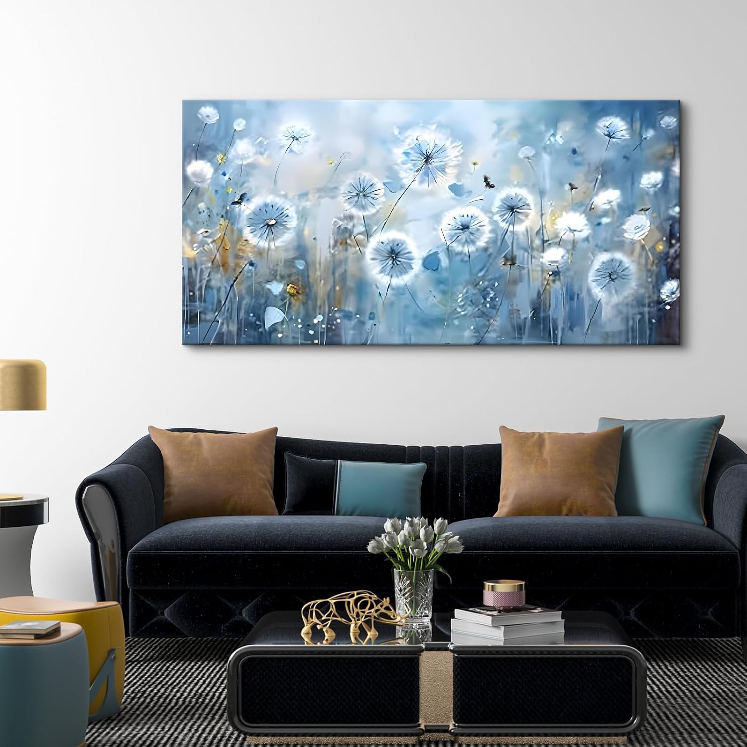 Craftline - Blue Abstract Dandelion Botanical Canvas Wall Art Delicate Fluffy White Blooms Nature Plant Prints Painting Modern Wooden Framed Artwork for Hallway Farmhouse 32x16inch