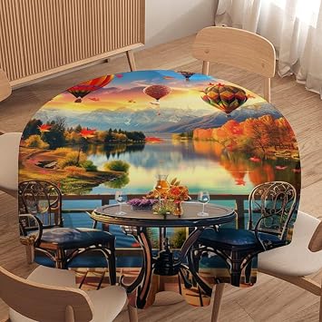 Colorful Sky Forest Round Tablecloth Autumn Tree Lake Mountain Landscape Table Cloth for Home Kitchen Holiday Decor Party Indoor Outdoor, 70Inch