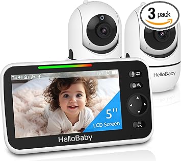 HelloBaby Upgrade 5’’ Baby Monitor with 30-Hour Battery, 2 Cameras Pan-Tilt-Zoom, 1000ft Range Video Audio Baby Monitor No WiFi, VOX, Night Vision, 2-Way Talk, 8 Lullabies and Temperature