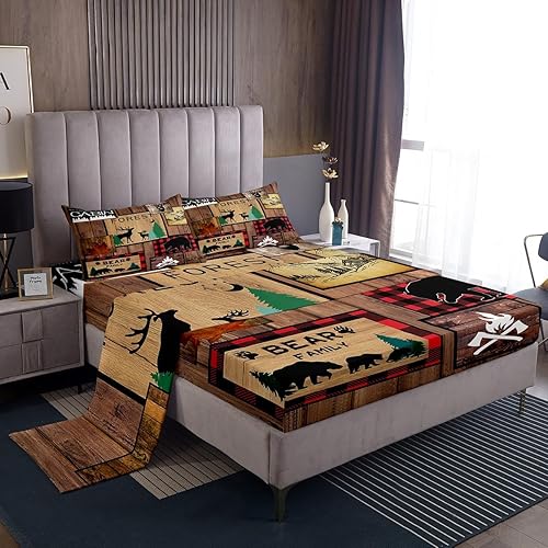 Juego de sábanas bajeras de cabaña retro con diseño rústico de aventuras, oso, ciervo, caza, vida silvestre, animales salvajes, juego de cama a