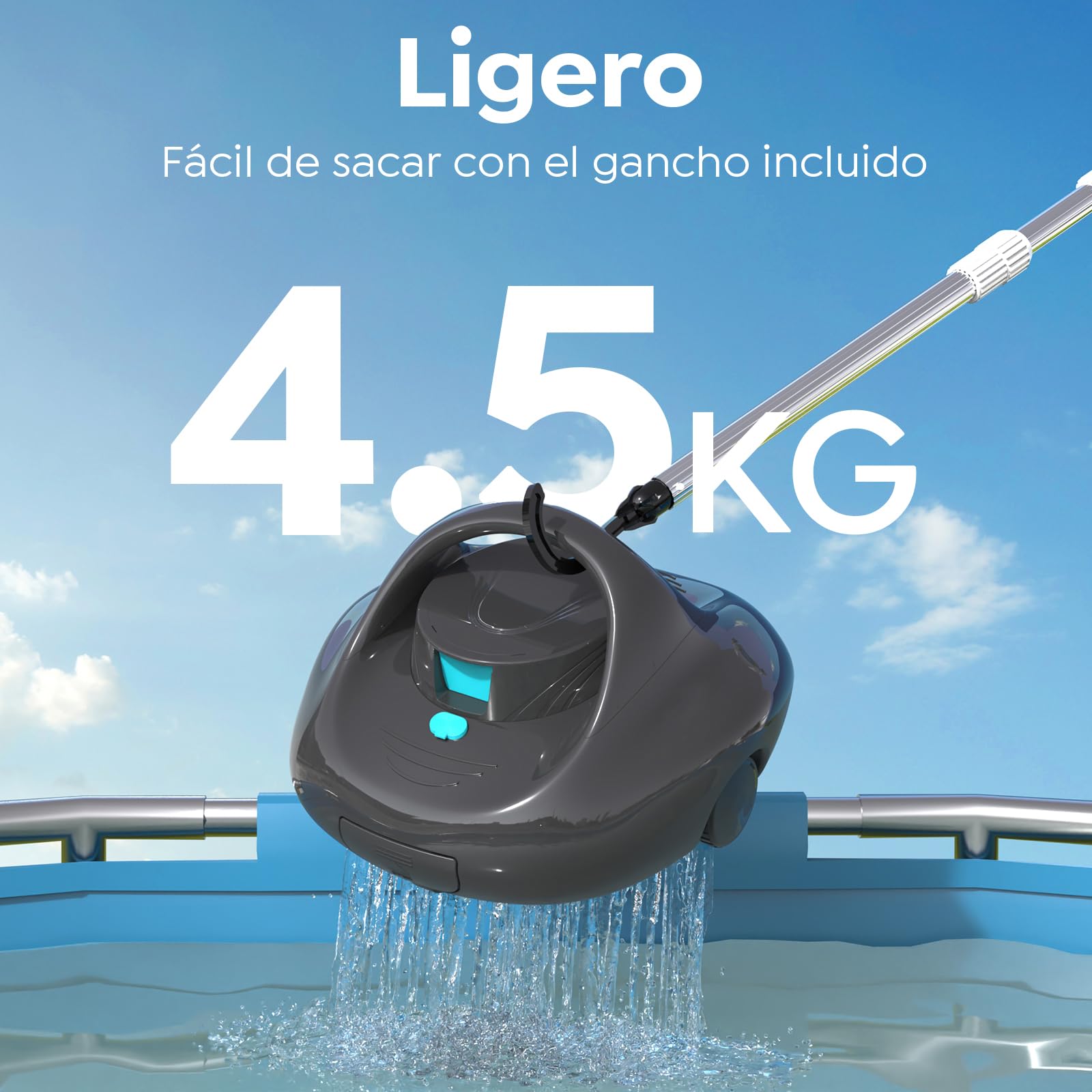 Robot Limpiafondos Piscina, Limpieza Potente de 130 Minutos, Carga Rápida en 2,5 Horas, Motor de Doble Tracción, Ideal para Piscinas de Fondo Plano de hasta 80 m²(Gris)
