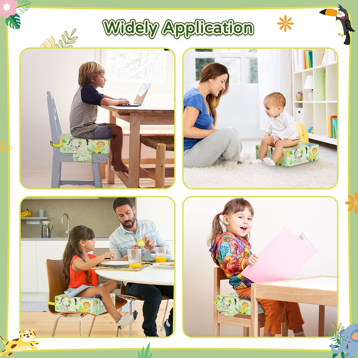 Booster Seat for Kitchen Chair with Adjustable Straps, Portable TPU Waterproof/Anti-Scratch Toddler Booster Seat for Dining Table,Removable/Non-Slip Booster Seat for Table (Animal Patterns)