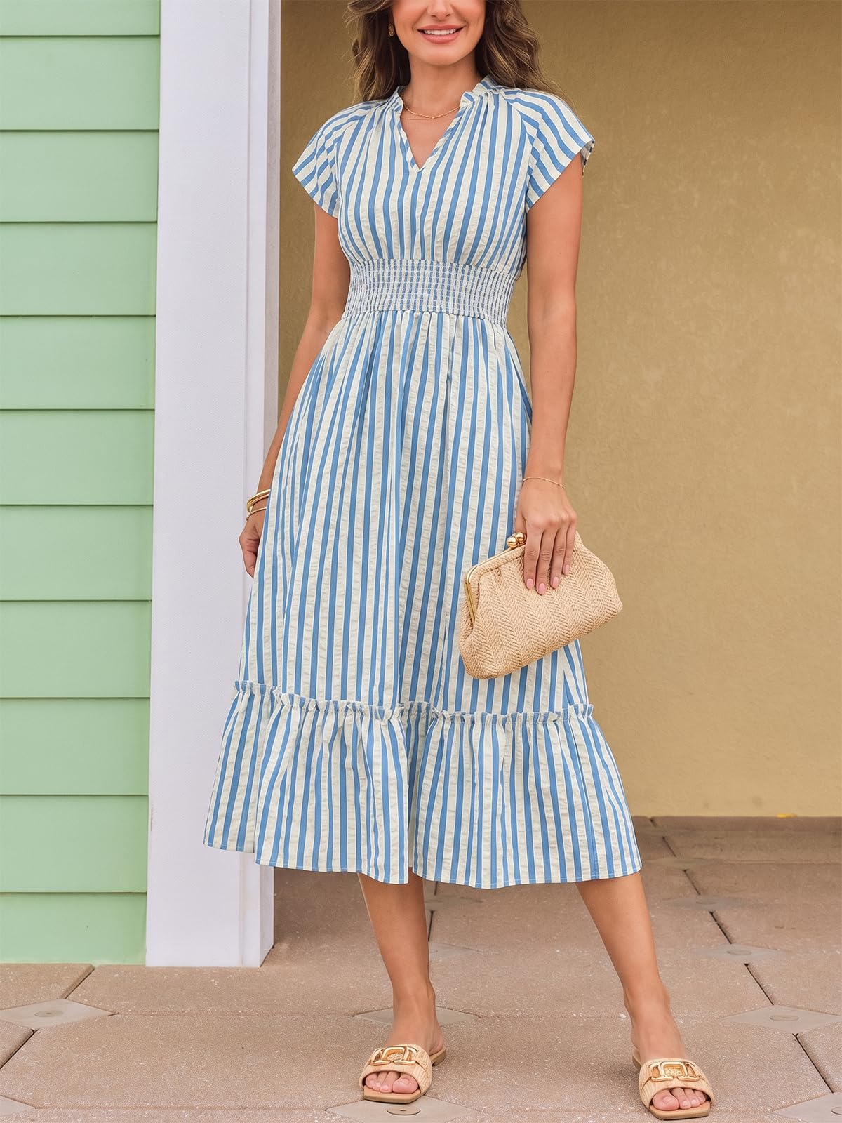 CUPSHE Damen Sommerkleid Gestreift V-Ausschnitt Kurzarm Flatterärmel Midikleid Gesmokte Taille A-Linie Freizeitkleider Strandkleid Kleid