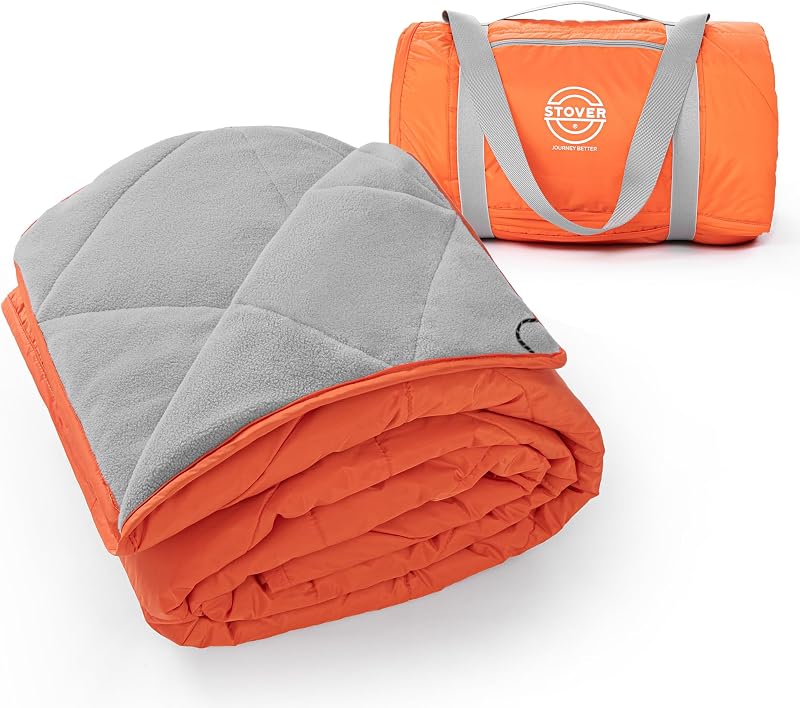 Large Waterproof Outdoor Stadium Blanket- Extra Thick Soft Fleece Camping Blanket for Travel, Picnics, Sports, Dogs- 79"x55" Warm, Windproof, Sand-proof, Lightweight, Packable (Game Day Orange)