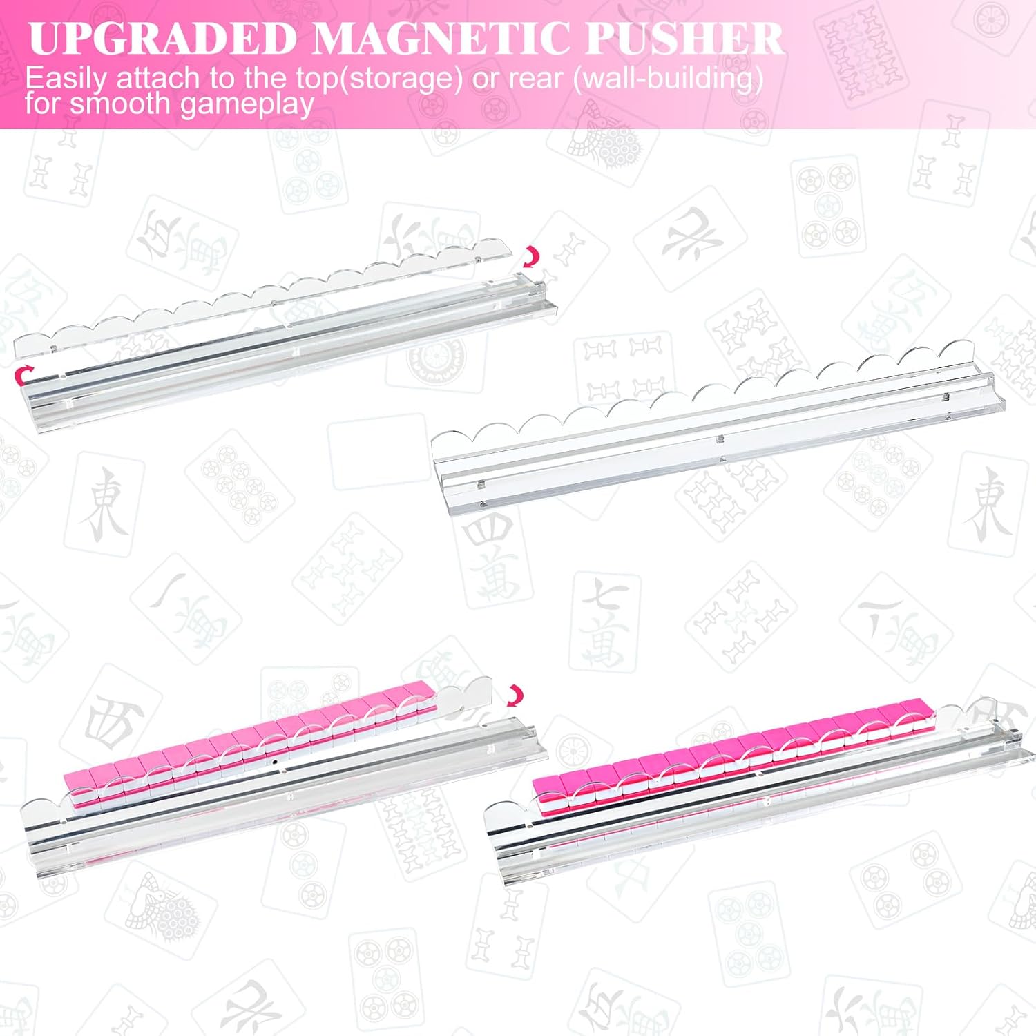 4 Pack Mahjong Tile Rack & Pusher Set, Acrylic All-in-one Holders, Magnetic Mahjong Racks for Organizing Tiles, Easy to Use for Home Game Nights (Scalloped Edge,Clear)