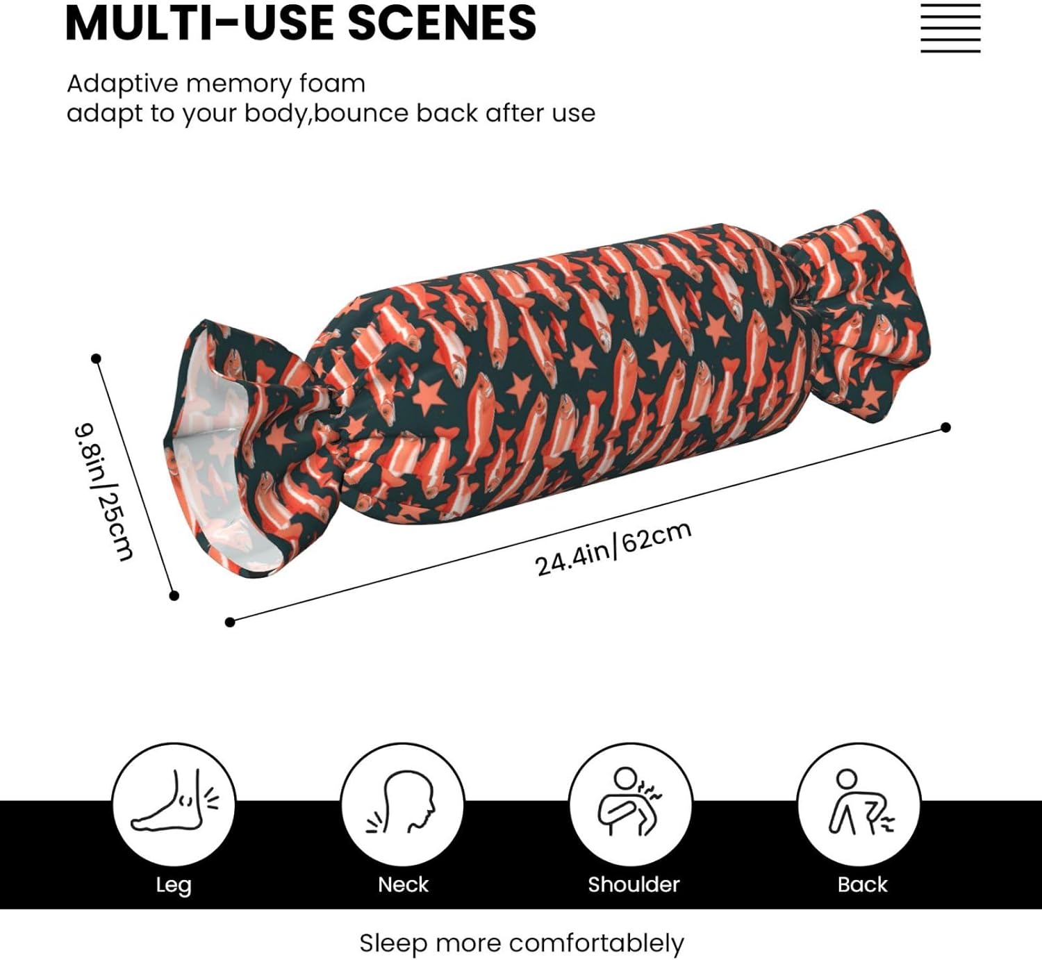 Salmon Print Candy Cylindrical Pillow Round Bolster Pillows Versatile Use Decor Bedroom Travel