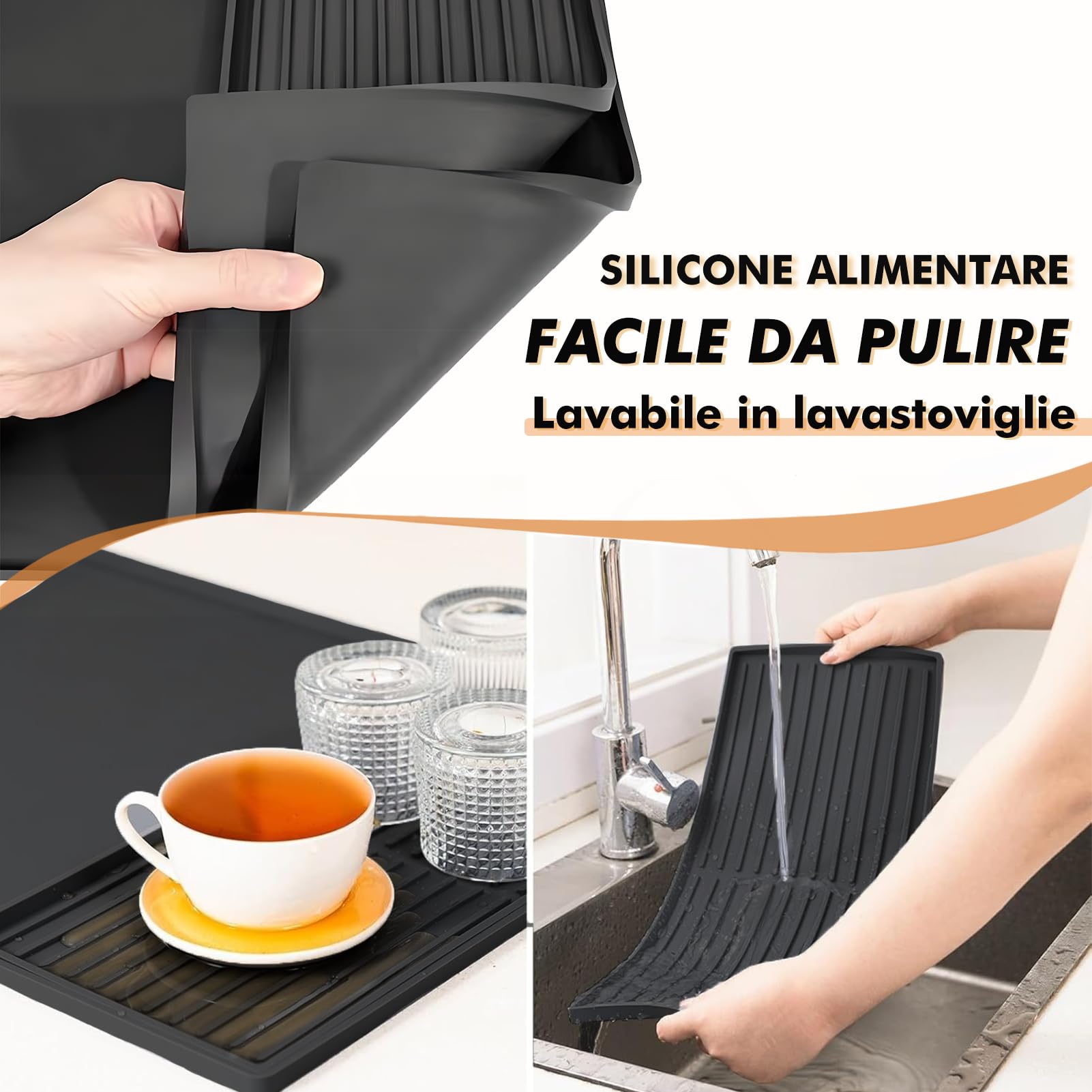 FHzytg Tappetino Per Macchina Da Caffè – 60x40 Cm, Assorbente In PU E Gomma, Antiscivolo, Scorrevole, Nero - 4
