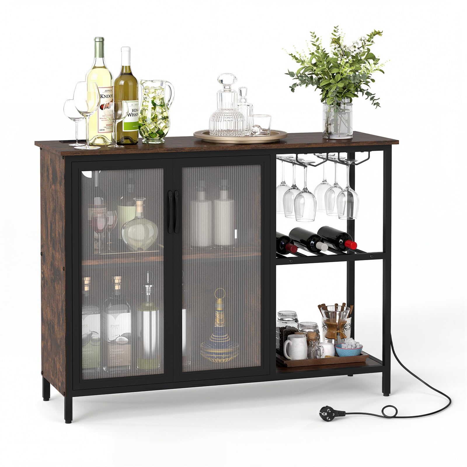COSTWAY Meuble Bar à Vin avec Multiprise & Lumières LED, Buffet Cuisine Éclairage avec Casier à Vin et Porte-Verres, Style Industriel, pour Cuisine, Salon, Salle à Manger