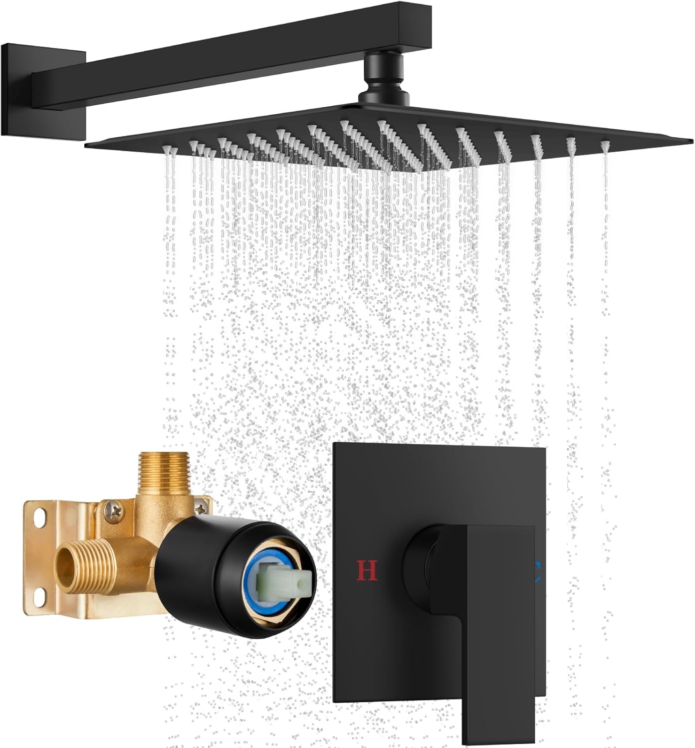 Matte Black 10 inch Wall Mounted Bathroom Rain Shower Faucet Set Single Function Square Rainfall Showerhead Single Handle Shower Trim Kit Male Thread Rough-in Valve Included