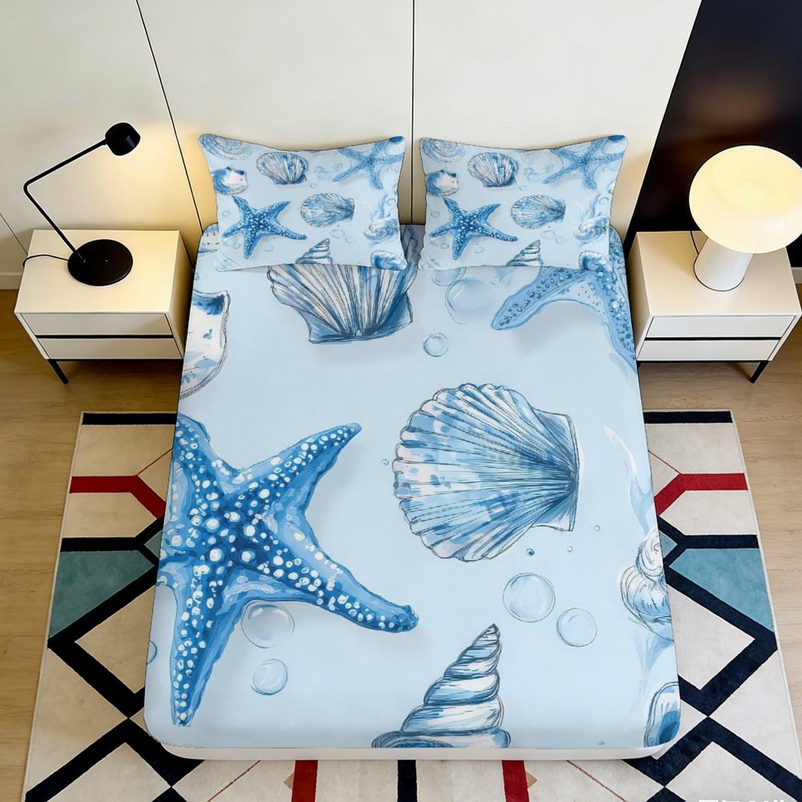3D Printed Ocean Starfish Fitted Sheet Microfiber Soft Breathable Seashell Mattress Cover for Bedroom Dorm Decor 90x200x25cm
