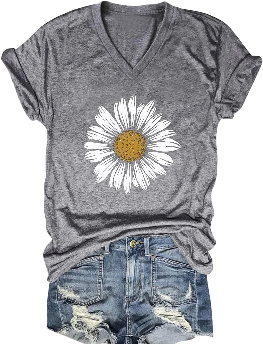 MQSVPUT Women's T-Shirts V-Neck Boho Flowers Wildflowers Tee Cute Summer Graphic Shirts Short Sleeve T Shirt