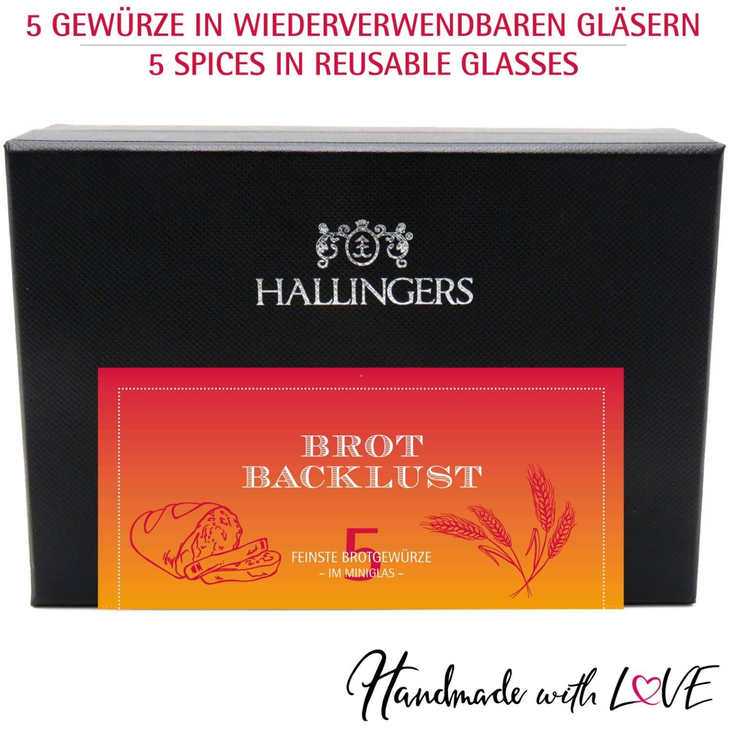 Hallingers Genuss Manufaktur Gewürz Geschenk-Set - 5 Gewürze aus aller Welt in wertiger Geschenkbox mit Rezept-Booklet "Brot-Backlust", Geschenkidee für Frauen Männer