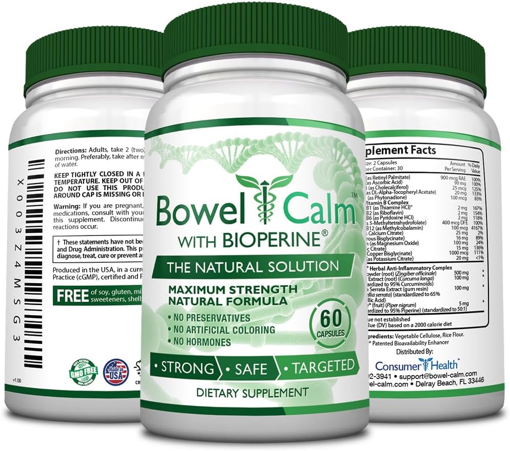 Bowel Calm - Soothe Intestinal Irritation - Ginger, Turmeric, Boswellia, BioPerine - 3 Month Supply