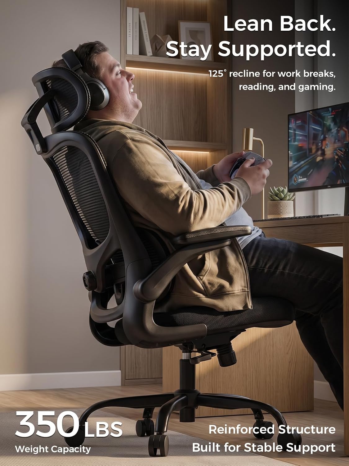 Ergonomic Office Desk Chair, Adjustable Dual Lumbar Support & Thick Seat