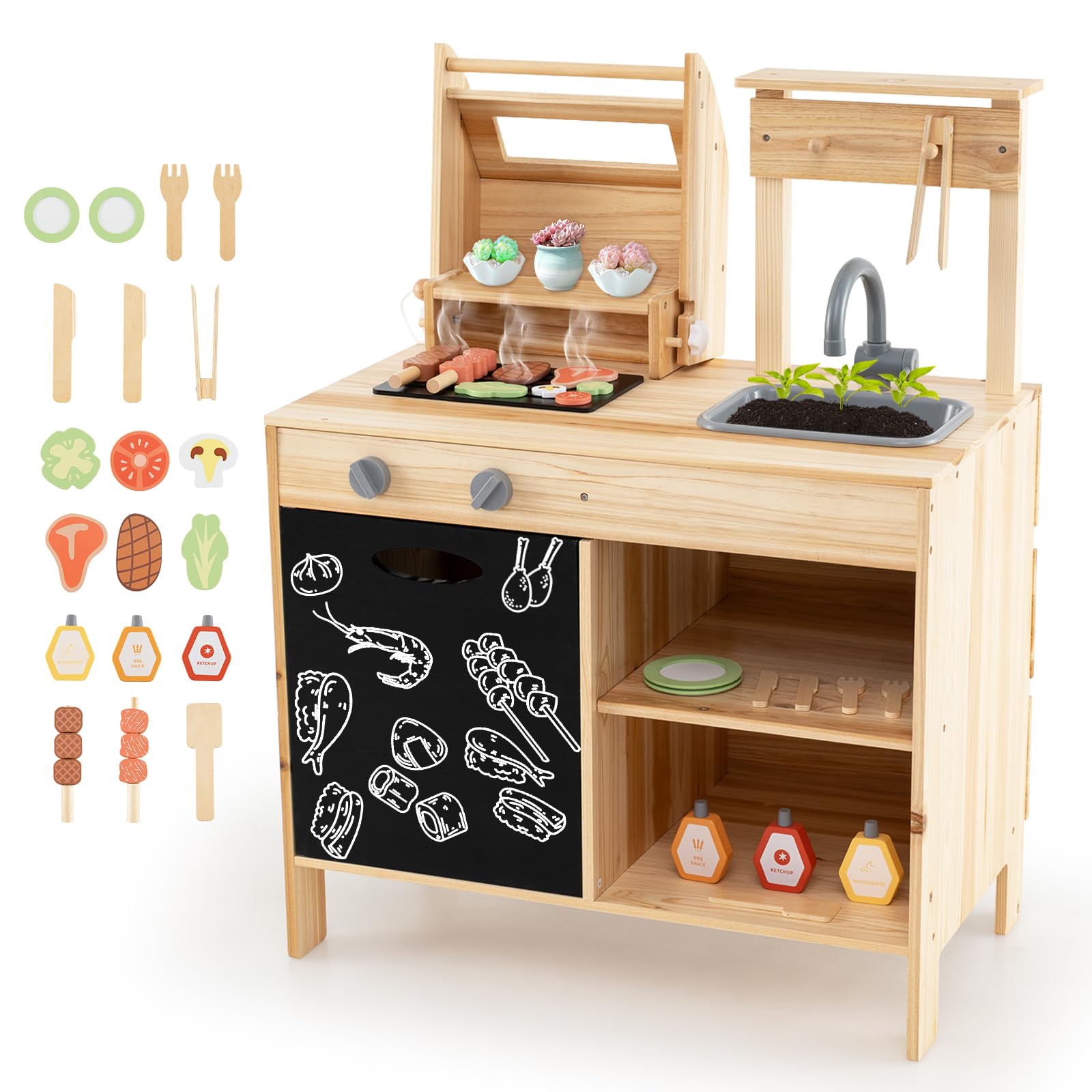 DREAMADE Matschküche Kinder Outdoor, Outdoorküche mit BBQ-Grill & Waschbecken & Tafel, Outdoor Küche Kinderküche aus Tannenholz mit 27 TLG. Zubehör für Kinder ab 3 Jahren