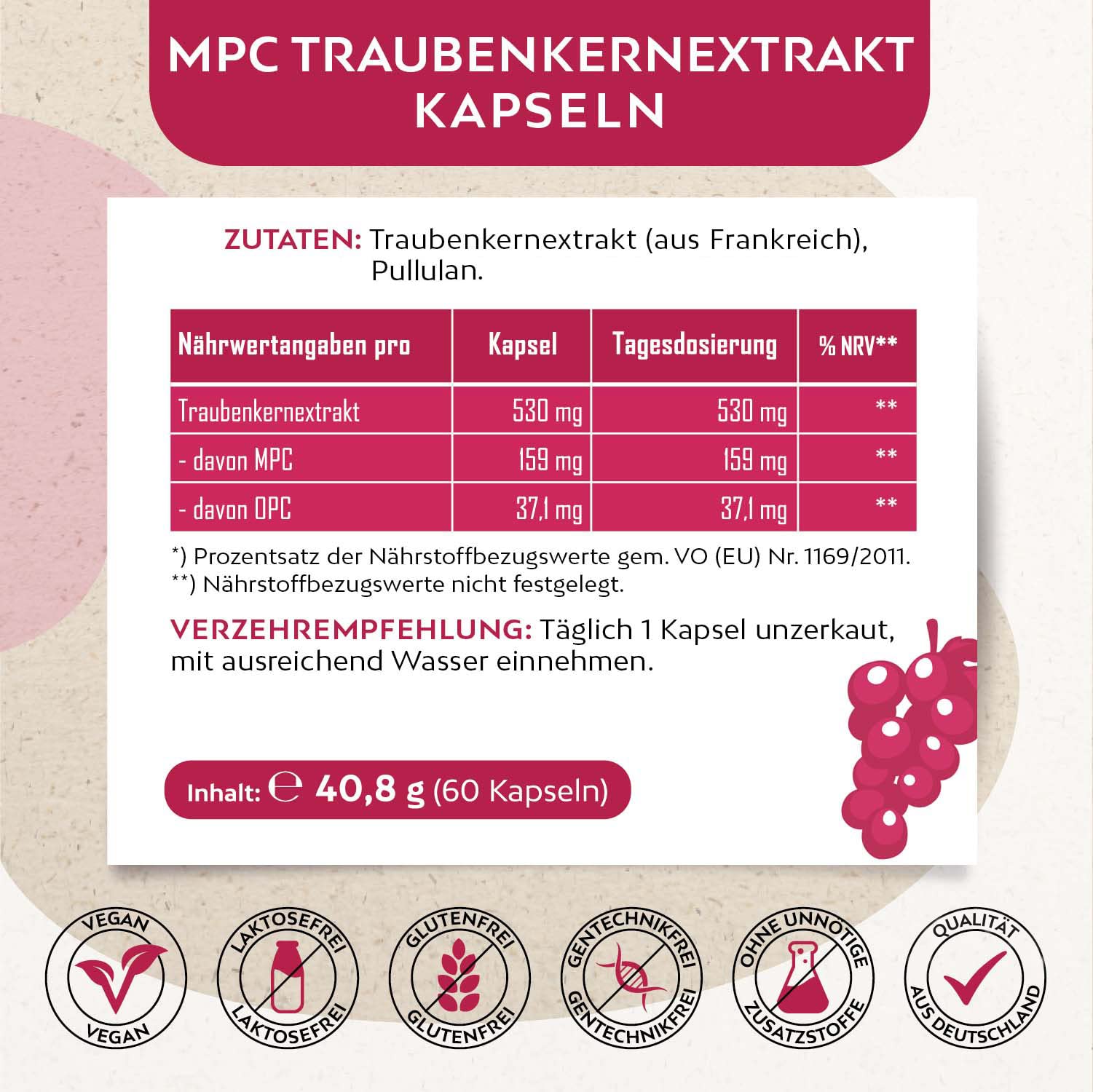 MPC Traubenkernextrakt Kapseln I 60 Stück im Glas I Vegan I 530 mg I 44-mal bioverfügbarer als OPC Traubenkernextrakt I Hochdosiert I Qualität aus der Champagne in Frankreich I Ohne Zusatzstoffe