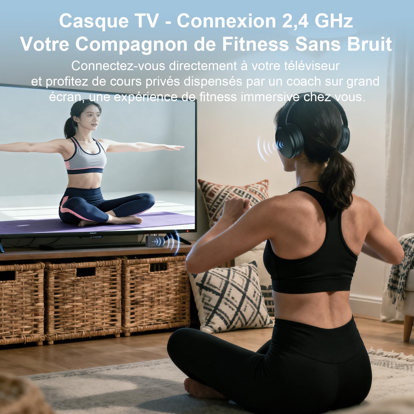 Casque Sans Fil pour Télévision, Casque Bluetooth et 2,4 GHz Double Mode avec Boîtier Émetteur, 5 Préréglages d'égaliseur avec Dialogue Clair, Écouteurs Audio pour Télévision ou Voyager, Noir