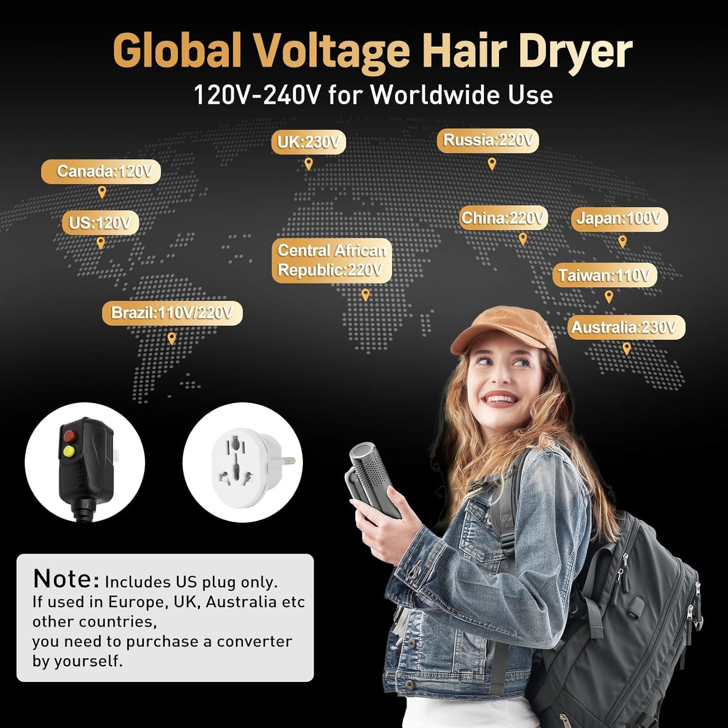 Quico Travel Hair Dryer with Diffuser for Curly Hair Dual Voltage, 120,000 RPM Fast Drying BLDC Pocket Hair Dryers for Women 500M Negative Ions, Foldable Blow Dryer with Cold, 3 Heat&3 Speed Settings - Image 5