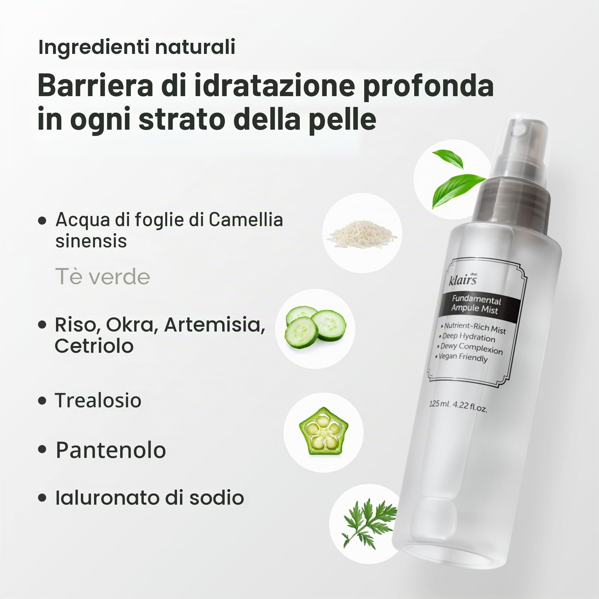 DearKlairs Fiala Fondamentale Mist 4.22 Fl Oz, tutti i tipi di pelle, fiala in una bottiglia