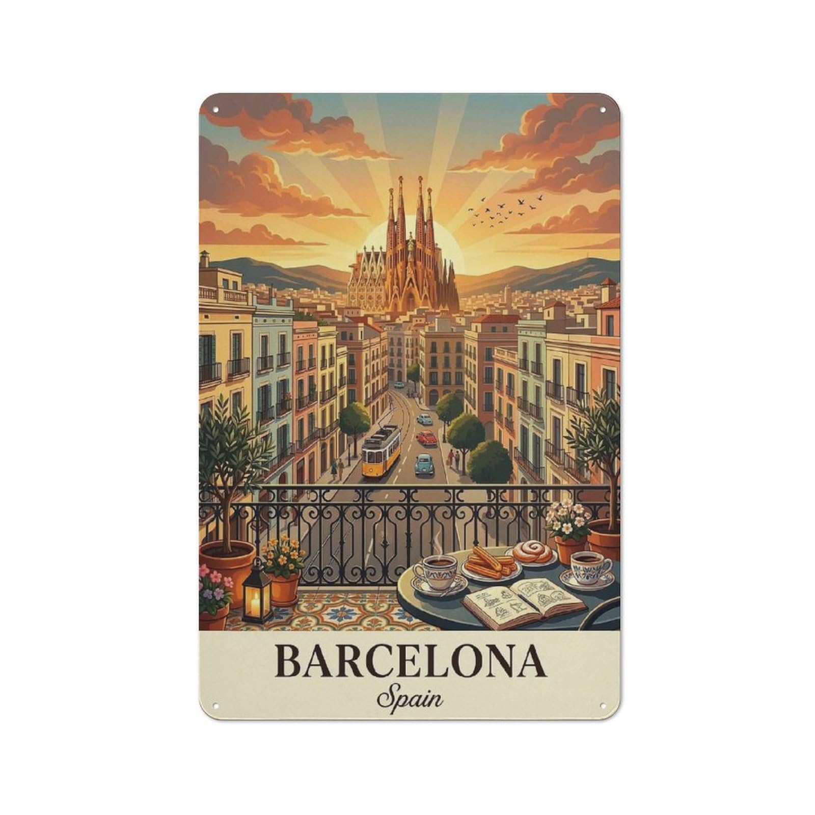 Metal Wall Plaque with Barcelona Cityscape with Sagrada Familia(2) Design 30x20cm, Retro Room Wall Plaque for Home, Shop, Pub Or Studio Wall