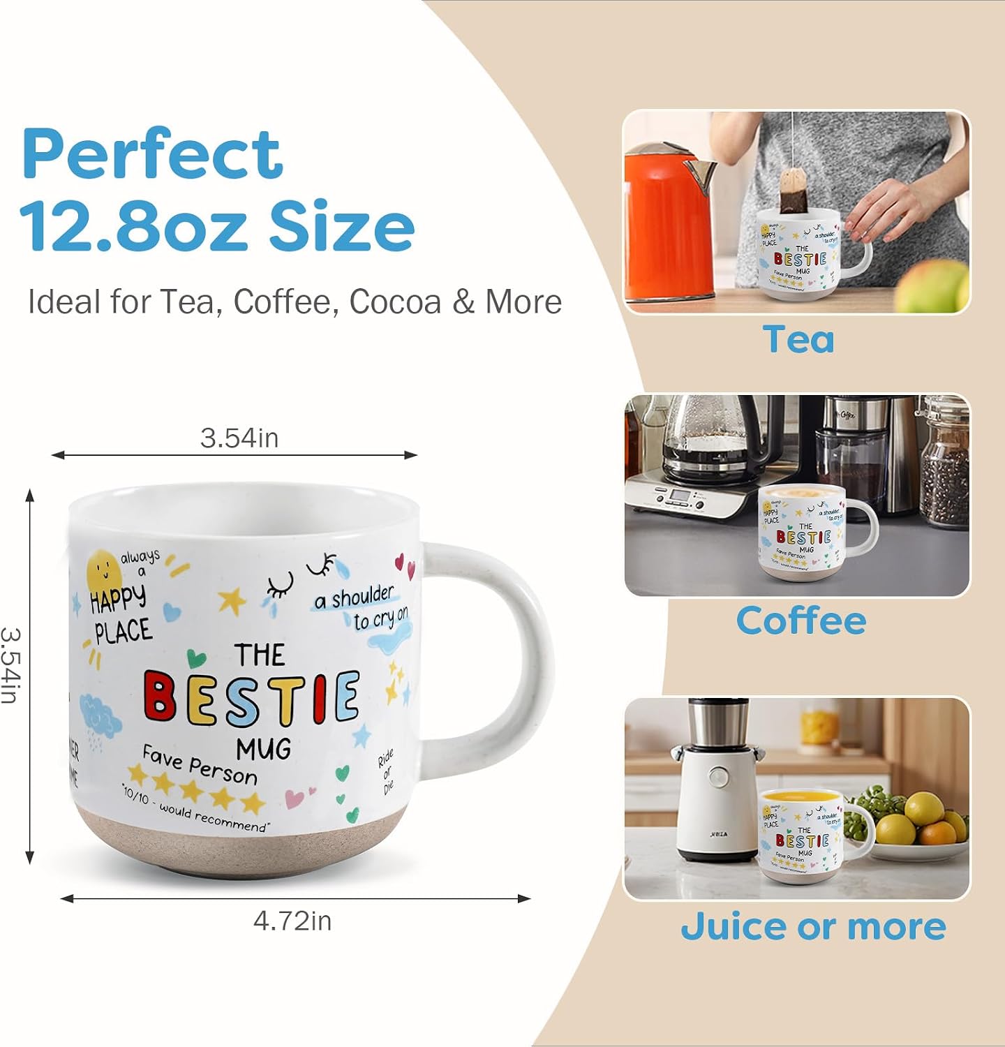 Best Friend Birthday Gifts for Women - Bestie Coffee Mug - White Ceramic Friend Mug, BFF Sister Friendship Gift, Unique Christmas Gift for Bestie, Elegant Cute Coffee Tea Cup 12.8oz image 4